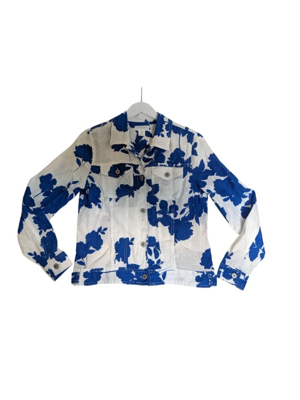 Cynthia Rowley 100% Linen Blue & White Floral Jacket Size S With Button Front & - Picture 2 of 10
